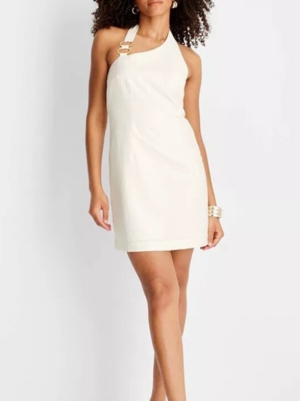 Ivory One-Shoulder Mini Dress with Gold brass Ring Detail